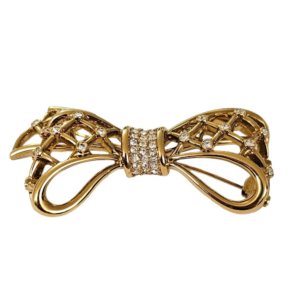 Swarovski Gold Tone Clear Crystal Dimensional Bow Brooch L257